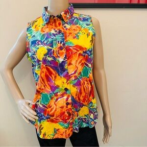 Colorful Floral Sleeveless Button-Down Shirt